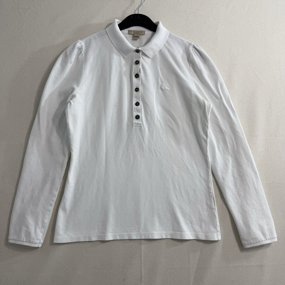 Burberry Brit Polo Shirt Womens M White Long Sleeve Puff Shoulder Check Logo